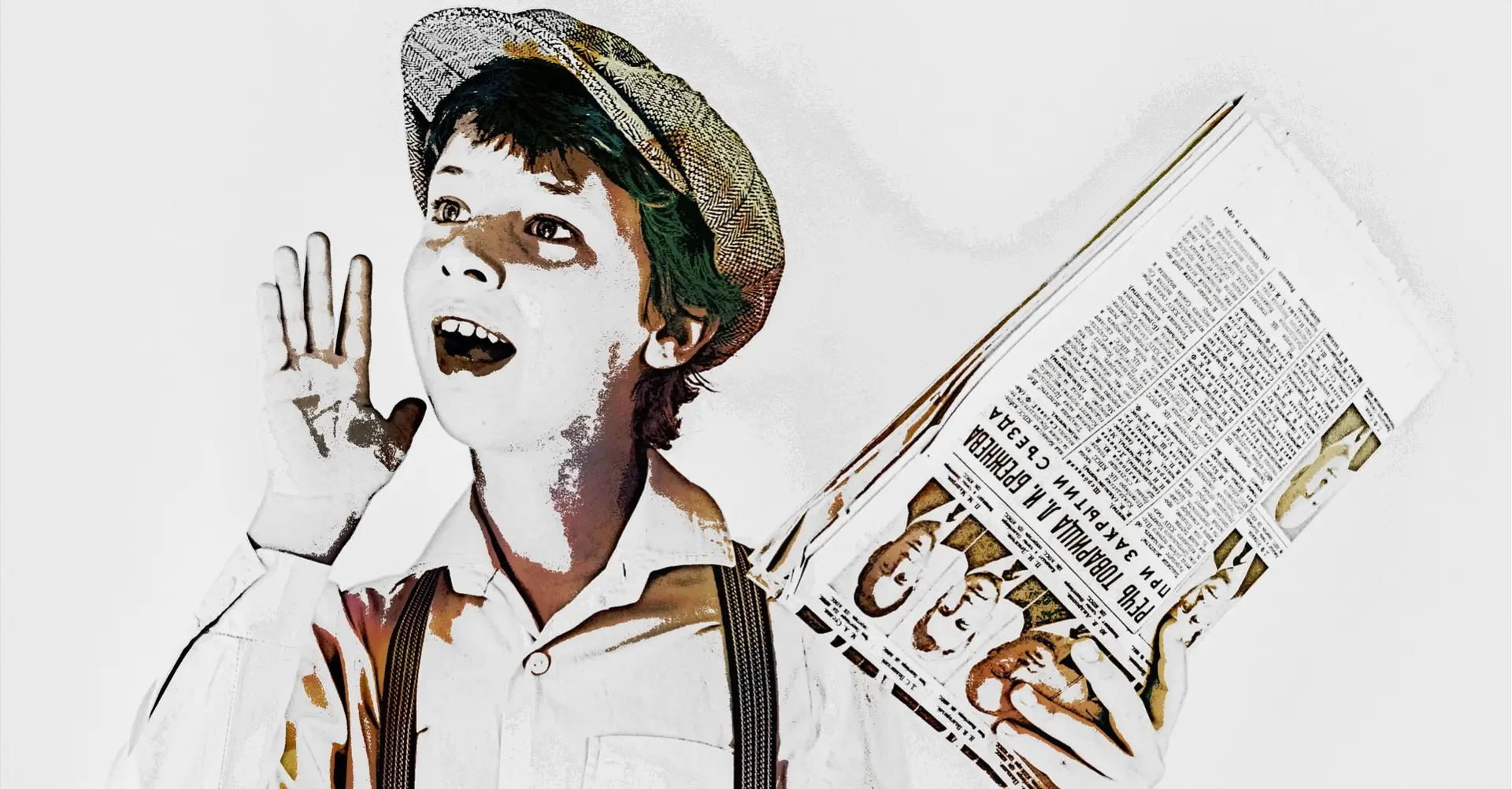 Old fashioned Newsboy holding newspaper calling out "read all about it!