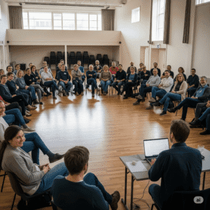 Group of People sitting in a circle inside a community hall having a meeting