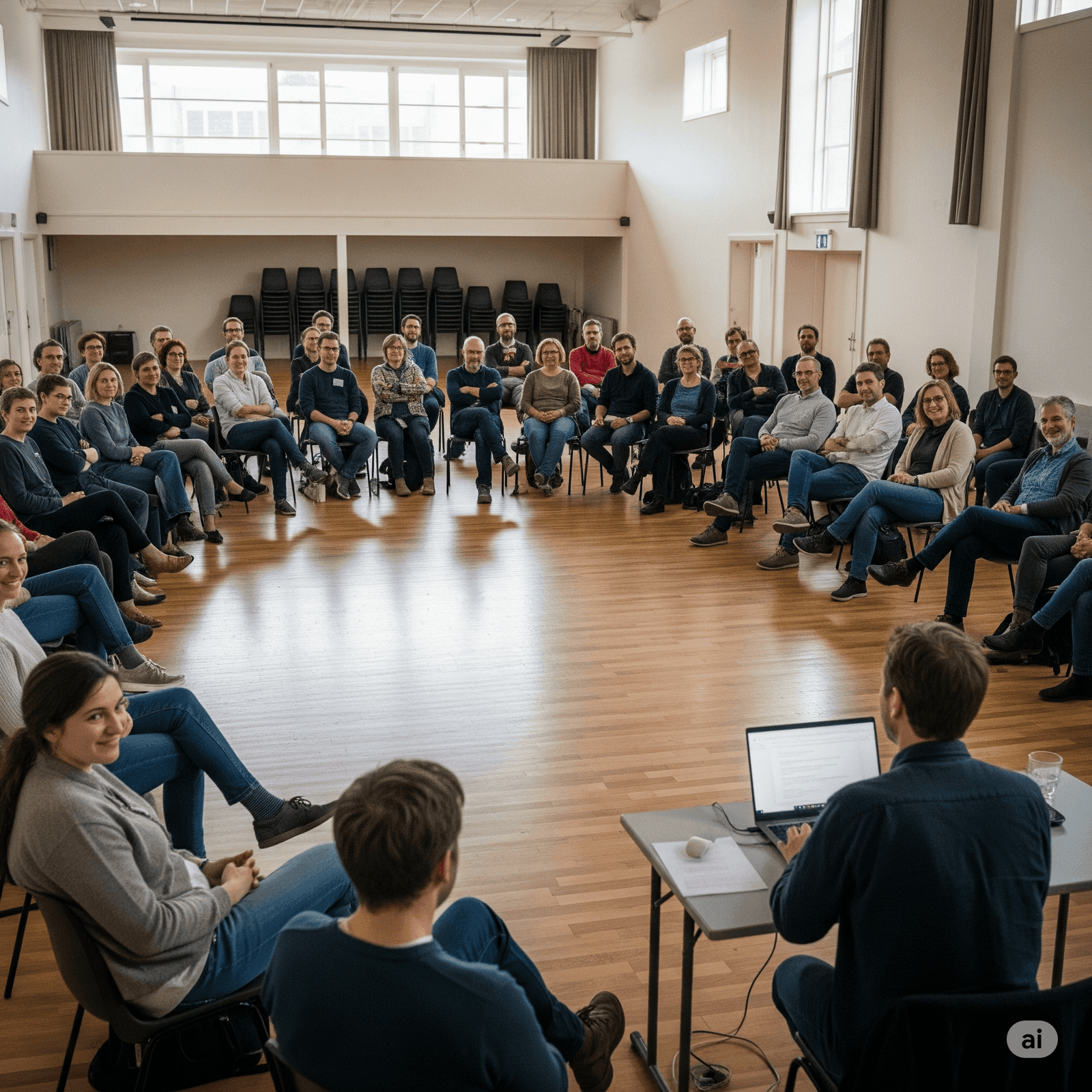Group of People sitting in a circle inside a community hall having a meeting